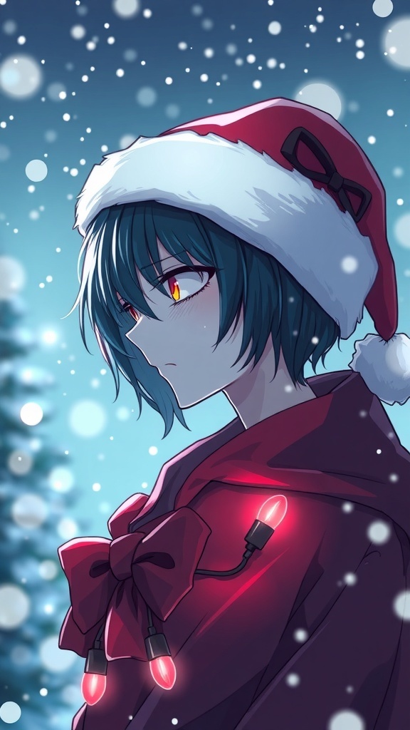Tokyo Ghoul Christmas-Themed Profile Picture Tokyo Ghoul character in a Santa hat with Christmas decorations in a snowy background.